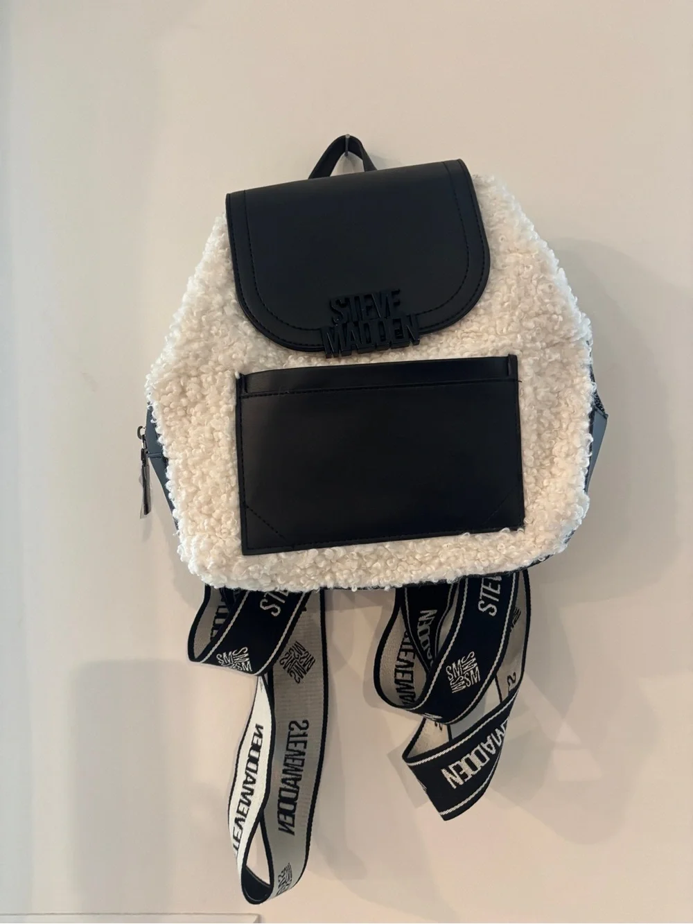 NWT Steve Madden Black/Cream Faux-Shearling Backpack BMAKENNA Retail $98